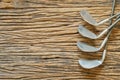 Old golf clubs on rough wooden surface top view Royalty Free Stock Photo