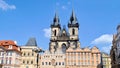 Old gothic architecture house historical landmark Prague Czech republic city Europe tour blue sky windows background Royalty Free Stock Photo