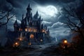 Old Gothic castle in haunted spooky forest on scary Halloween night Royalty Free Stock Photo