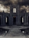 Old gothic cloister courtyard on a stormy day