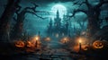 Old Gothic haunted house or castle, scary pumpkins on Halloween night Royalty Free Stock Photo