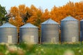 Old grain bins are in the field along the forest in autumn Royalty Free Stock Photo