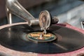 old gramophone close-up, needle on a record Royalty Free Stock Photo