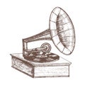 Old Gramophone Hand Draw Sketch. Vector Royalty Free Stock Photo