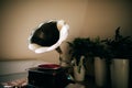Old gramophone with horn speaker stands Royalty Free Stock Photo