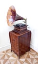 Old gramophone with horn speaker and vinyl record Royalty Free Stock Photo