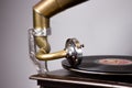 Old gramophone with a plate record. Portable wind-up gramophone. Patephone Royalty Free Stock Photo