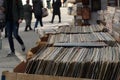 Old gramophone records and books put on sale on street Royalty Free Stock Photo