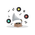 Old Gramophone and Vinyl Disc Set. Vector Royalty Free Stock Photo