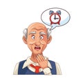 Old grandfather with alarm clock in speech bubble Royalty Free Stock Photo