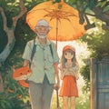 An old grandfather and a cute little girl holding umbrella generative AI Royalty Free Stock Photo