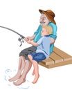 Old grandfather fishing with his grandson while sitting on wood pier Royalty Free Stock Photo