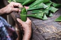 Old grandmother hands working with banana leaf for making flowers container