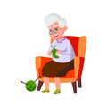 old grandmother knitting socks for granddaughter in house cartoon vector