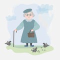 an old grandmother with a wand and a purse on the street near pigeons