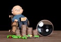 Old grandpa model and dollar coins and magnifying glass and capsule medicines in front of black background Royalty Free Stock Photo