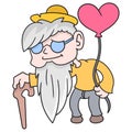 Old grandpa is walking towards a date carrying a love balloon, doodle icon image kawaii