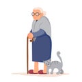 An old granny with glasses, a cane in her hands and a cute cat. Cartoon vector illustration in flat style. Elderly woman