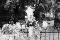 Old grave cross on the abandoned cemetery. black and white. Royalty Free Stock Photo