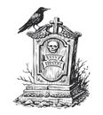 Old gravestone and raven sketch. Cemetery, tombstone in vintage engraving style. Hand drawn vector illustration