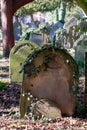 Old gravestones in the historic South Ealing Cemetery, Victorian burial ground in west London UK.