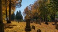 SOUTHBRIDGE, MASSACHUSETS. USA - NOVEMBER 17 2017. Old graveyard in a small town in New England with stone tombs autumn leaves fal Royalty Free Stock Photo