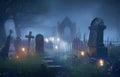 Old graveyard with weathered stones, crosses, and tombs shrouded in a night fog and lit by a mysterious candle lights. Generative