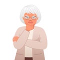 Old gray-haired grandmother in glasses thought about something. Elderly woman standing in thought