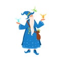 Old gray haired mage with beard holding flying little fairies. Portrait of aged sorcerer with a bag of herbs. Cute