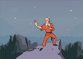 Old man, master of martial arts practicing wushu in the mountains. Vector illustration.