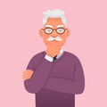 Old gray-haired man with a mustache and glasses was thinking about something. Elderly handsome grandfather Royalty Free Stock Photo