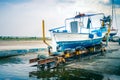 Old Greek Fishing Boat In Dry Dock Blue White Colors, Paralia Katerini Greece Royalty Free Stock Photo