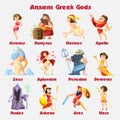 Old greek gods cartoon figures set with dionysus zeus poseidon aphrodite apollo athena illustration Royalty Free Stock Photo