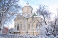 Old greek orthodox church of st john the theologian coverd snow in winter in Nizhyn, Ukraine. Royalty Free Stock Photo