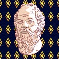 Old Greek philosopher on a blue background with golden rhombuses.