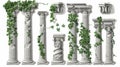 An old Greek or Roman column with green climbing liana leaves isolated on a white background. Realistic 3D modern set of Royalty Free Stock Photo