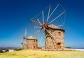 Old Greek windmills landscape. Patmos Island, Greece.