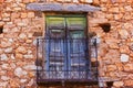 Old green blue balcony door ancient red brick house, abandoned building exterior Royalty Free Stock Photo