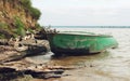 Old green boat with oars Royalty Free Stock Photo