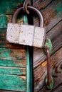 Old green door or wall of a wooden house in rustic style, with peeling paint.On the door hangs an old metal lock Royalty Free Stock Photo