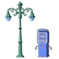 Old green lantern and blue fuel pump. Royalty Free Stock Photo