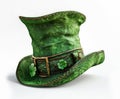 Old green leprechaun hat decorated hat decorated with clover leaves isolated on white