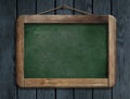 Old green menu blackboard hanging on wooden wall Royalty Free Stock Photo