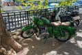 Zurich, Switzerland - August 18, 2019 - old green motorcycle standing parked in the old town