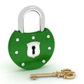 Old green padlock and gold key Royalty Free Stock Photo