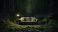 Old green sofa and a lamp in the middle of a dark mysterious forest. Eerie trees in twilight. Generative AI