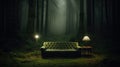 Old green sofa and lamps in the middle of a dark misty forest. Eerie trees in twilight, mysterious atmosphere. Generative AI