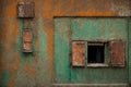 Old green wall with a window and a closed shutters