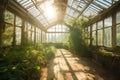 Old greenhouse with green plants. Generative AI