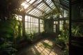 Old greenhouse with green plants in botanical garden indoor. Generative AI